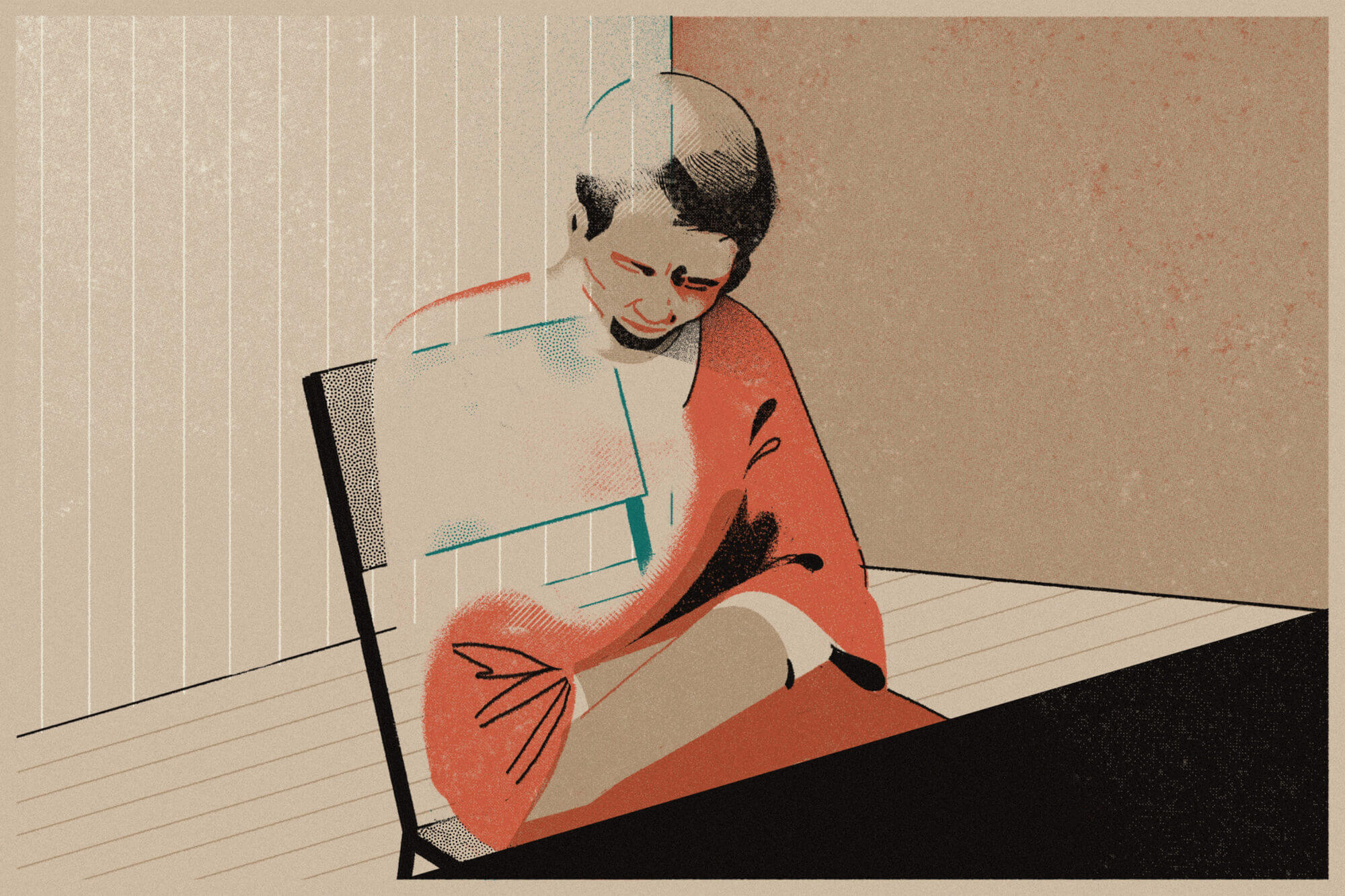 An illustration shows a man in an orange jail uniform sitting at a table with his arms crossed and head down. Part of the man appears transparent.