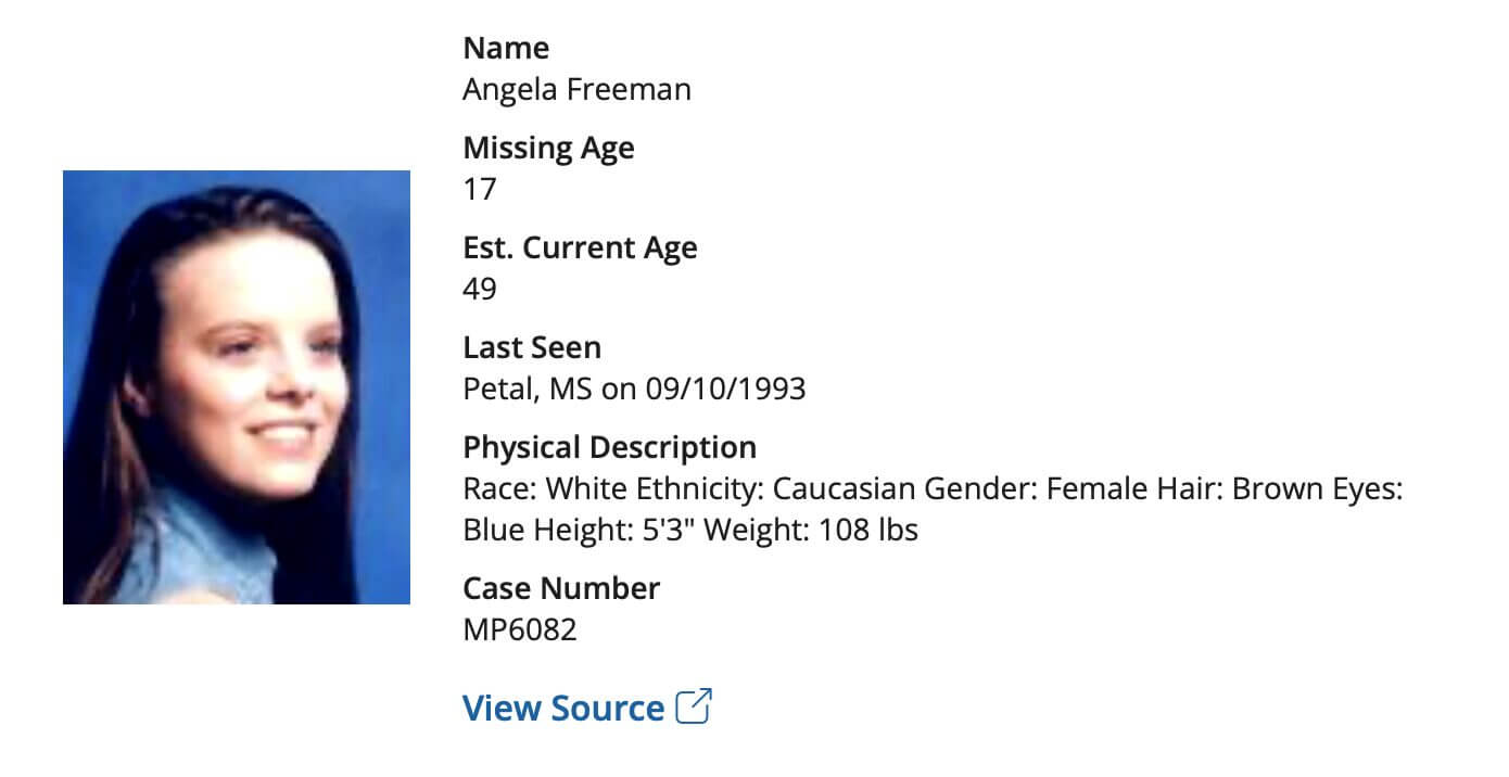 A missing-person profile for Angela Freeman. At left is a color portrait of a young woman with long brown hair wearing a light blue top. The profile states she was 17 when reported missing, was last seen in Petal, Miss., on Sept. 10, 1993, and provides additional physical-description and case information.