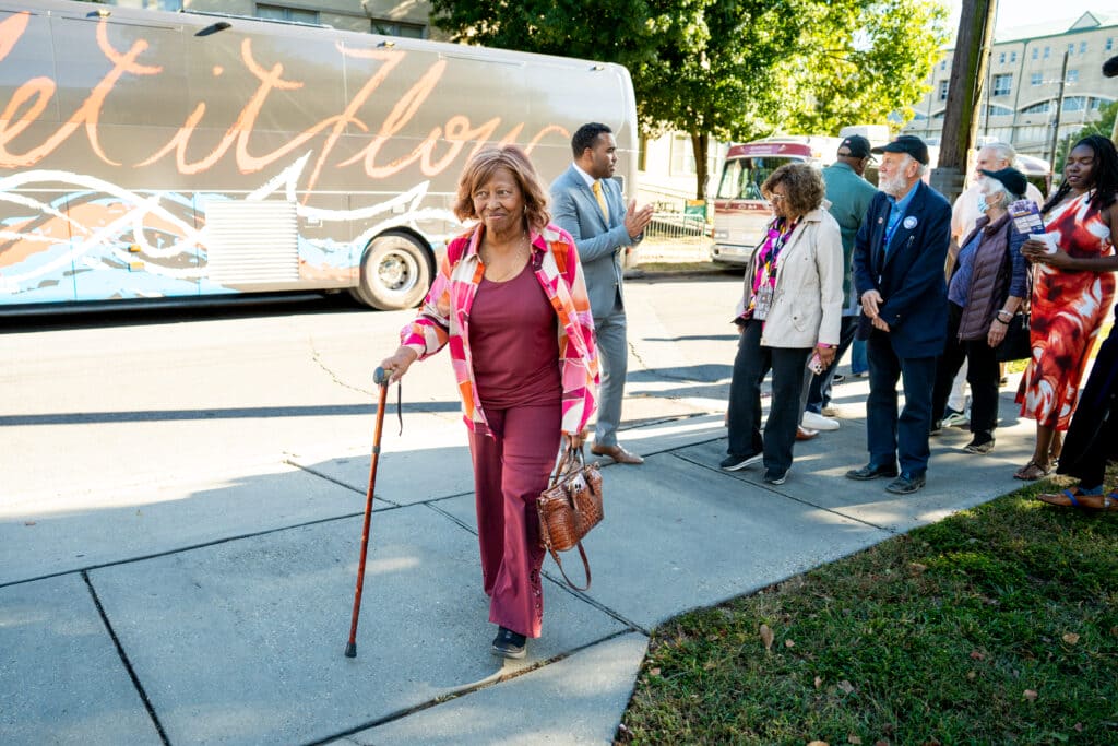 Kredelle Petway-Phillips arrives at Xavier University on Oct. 28, 2026. Xavier University welcomed Freedom Riders and their descendants after a 12-day bus trip from Washington D.C. to New Orleans that traced their original planned route from 1961, which was never completed due to the extreme violence they encountered in Alabama.