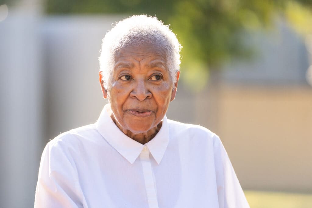 Doratha “Dodie” Smith-Simmons arrives at Xavier University in New Orleans on Oct. 28, 2026. Xavier University welcomed Freedom Riders and their descendants after a 12-day bus trip from Washington D.C. to New Orleans that traced their original planned route from 1961, which was never completed due to the extreme violence they encountered in Alabama.